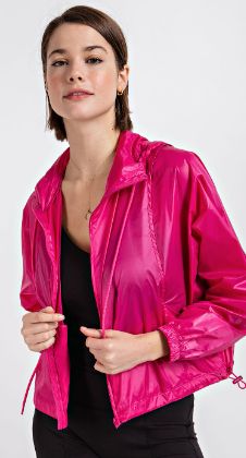 - Water Repellent - Hoodie - Drawstring - Zipper Front - Side Pocket - Packable- Color: Fuchsia3.31.23KH Nylon Outerwear, Shiny Jacket, Deep South, Color Fuchsia, Drawstring Hoodie, Rain Wear, Side Pocket, Windbreaker Jacket, Sport Fashion