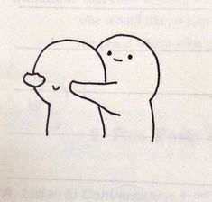 a drawing of two people hugging each other in front of a piece of lined paper