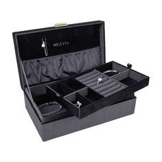 an open black jewelry box on a white background