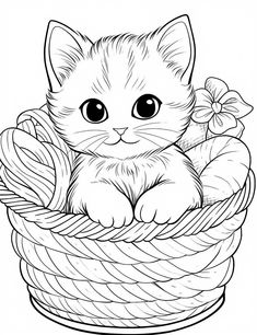 a kitten sitting in a basket with flowers on the side, coloring pages for adults