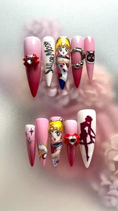 Sailor Venus Nails, Nail Designs Sailor Moon, Sailormoon Nail Design, Anime Nails Sailor Moon