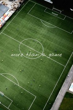 an aerial view of a soccer field with words written on it