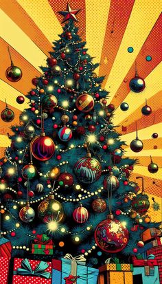 a painting of a christmas tree with presents under it