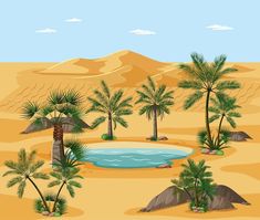 a desert scene with palm trees and a small pool in the middle, surrounded by sand dunes