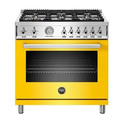 an orange stove with two burners and one oven door open, on a white background