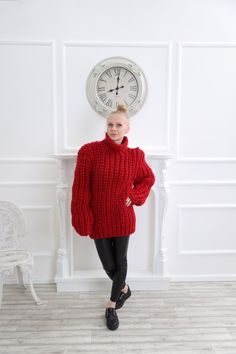 "Perfect red wool sweater for home or evening events, this super giant chunky turtleneck wool sweater is a classic piece to go with anything in your closet. The chunky knit and slightly oversize loose fit has 4 layers of high quality wool that's made for comfort and good visual look and pleasure Chunky knit sweater,Red wool sweater , Chunky knit sweater DETAILS - The sweater has chunky of wool - Made from 100% high quality wool - The sweater is knitted with 176 oz (5000 g) of high quality premiu Red Wool Sweater For Fall, Winter Knitted Long Sleeve Tops, Red Crew Neck Winter Outerwear, Red Crew Neck Outerwear For Winter, Cozy Red Wool Sweater, Cozy Red Sweater For Cold Weather, Long Sleeve Wool Knitting Pattern For Winter, Red Sweater For Cold Weather, Red Wool Knitted Outerwear