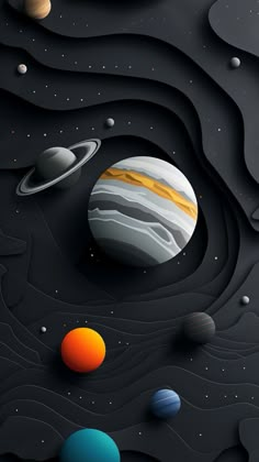 an image of planets in space with the sun and saturn on it's side