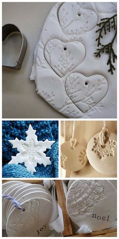 four different pictures with snowflakes on them and some cookie cutters in the shape of hearts