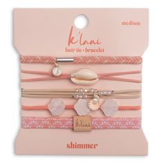 Our Shimmer set includes five bracelets that double as hair ties in beautiful corals and creams inspired by the shimmery seashells washed up on the beach. The set features shells, pearls, and silver beads that will surely bring the sandy and salty vibes of the beach to your everyday life. Medium is the size of a normal hair tie band. It fits wrists between 5-6.4" around. Small is better for younger girls and small teens. It fits wrists under 5" around. Large is sized for wrists 6.5-7.5" Please a Tie Bracelets, Hair Bracelet, Beachy Hair, Hair Tie Bracelet, Bookmarks Kids, Normal Hair, A Bracelet, Custom Name Necklace, Dream Hair