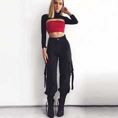 Look Hip Hop, Loose Streetwear, High Waist Cargo Pants, Loose Cotton Pants, Black Trousers Women, Waist Cargo Pants, Hip Hop Women, Jogger Pants Casual, Estilo Hip Hop