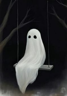 a white ghost sitting on a swing in the dark with trees around it and two eyes