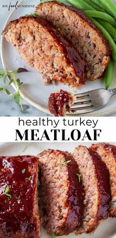 meatloaf on a plate with green beans and ketchup