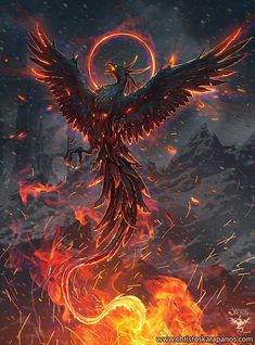 a large bird flying over a fire filled mountain covered in lava and flames with its wings spread