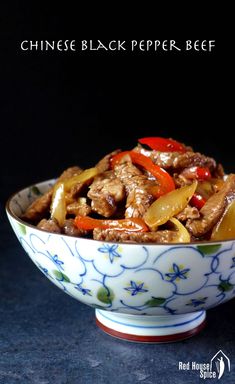 chinese black pepper beef in a blue and white bowl on a dark background with the title above it