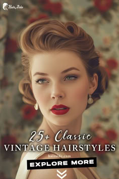 Transport yourself to another era with these vintage hairstyles, perfect for capturing the glamour of days gone by. 🕰️🌹 Great Gatsby Womens Hairstyles, Vintage Photoshoot Poses, Vintage Wedding Hair And Makeup, 50s Hairstyles For Long Hair 1950s, Old Hollywood Updo, 1940s Updo, Vintage Updo Wedding, Classic Hairstyles Women, Old Hollywood Wedding Hair