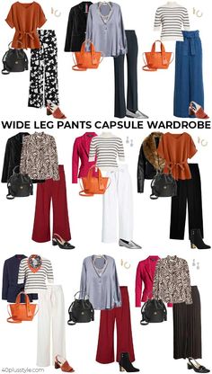 Wide Leg Pants Capsule Wardrobe, Casual Long Pants Outfit, Wide Pant Leg Outfit, What To Wear With Dress Pants, Style With Wide Leg Pants, Shirts For Wide Leg Pants, Capsule Wardrobe For Pear Shape, Plus Wide Leg Pants Outfit, Wide Leg Cotton Pants Outfit