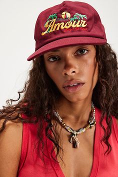 Inspired by vintage Hawaiian graphics, this snapback hat features vibrant, full-embroidered designs on an unstructured snapback silhouette with a flat bill. * Mid-profile * Flat bill cap * Five panels * Unstructured style * One size fits all | Amour Inc Take It Easy Snapback by Free People in Red Hawaiian Graphics, Embroidered Designs, Vintage Hawaiian, Take It Easy, Embroidered Design, Boho Clothing, Snapback Hat, Snapback Hats, One Size Fits All