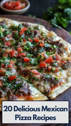 Close-up of a Mexican pizza topped with seasoned beef, fresh veggies, melted cheese, and zesty salsa, served on a wooden board with a side of fresh cilantro. Mexican Pizza Recipes, Mexican Flatbread Pizza, Mexican Pizza Casserole, Mexican Style Pizza, Mexican Flatbread, Easy Mexican Pizza