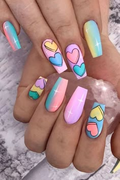 Heart Nail Designs, Pretty Heart, Heart Nail, Nail Designs Valentines, Colorful Nails, Cute Acrylic Nail Designs, Vibrant Nails, Bright Rainbow