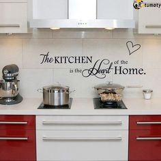 the kitchen is the heart of the home wall decal sticker in white and red