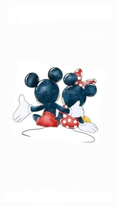 two mickey and minnie mouses hugging each other on the same page, with one holding his head