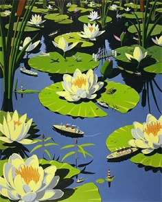 a painting of water lilies in a pond with boats floating on the water behind them