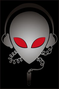 an alien with red eyes and headphones is featured in this graphic art style illustration