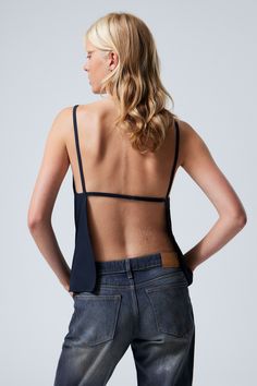 fleur suiting open back top - Dark Blue | Weekday WW Evening Backless Top With Built-in Bra, Chic Stretch Top With Tie Back, Versatile Backless Tie-back Top, Fitted Low Back Spring Tops, Fitted Low Back Tops For Spring, Fitted Low Back Top For Spring, Versatile Backless Top For Night Out, Seamless 4-way Stretch Tops For Summer, Seamless Backless Top For Night Out