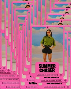 the poster for summer chaser is shown in pink and blue colors, with an image of a woman wearing sunglasses