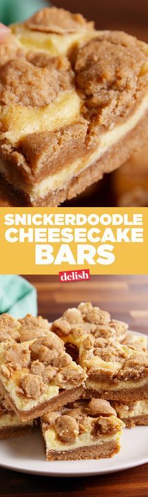 two pictures showing different types of cheesecake bars on a white plate with the words, snickker doodle cheesecake bars