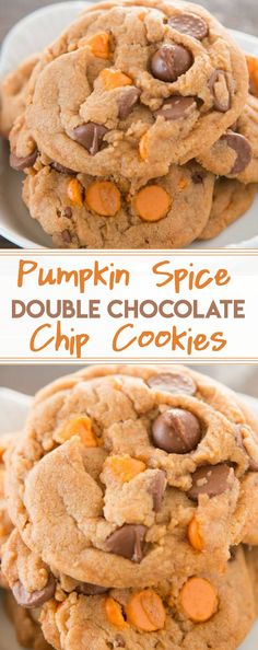 pumpkin spice double chocolate chip cookies are stacked on top of each other with the words, pumpkin spice double chocolate chip cookies