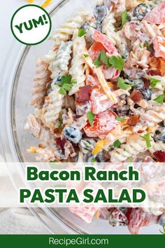 bacon ranch pasta salad in a glass bowl