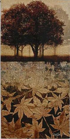 a painting of two trees with leaves on the ground