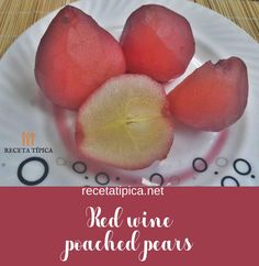 red wine peaches on a white plate with text overlay that reads regatapaca net