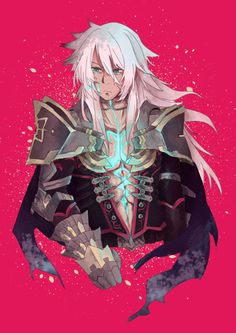 an anime character with white hair wearing armor and holding her hands out to the side