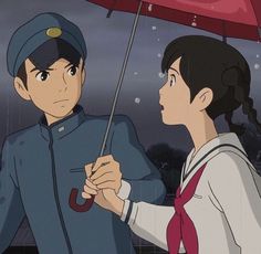 a woman holding an umbrella next to a man in sailor suit and tie, both looking at each other