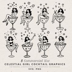 an old fashioned drawing of women sitting in cocktail glasses with stars on the top and bottom