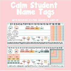 a pink background with the words calm student name tags and numbers on it, in front of