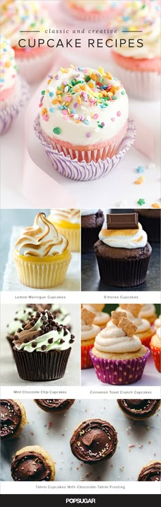 cupcakes with frosting and sprinkles are shown in this collage