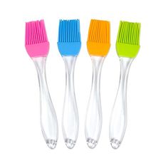 three different colored toothbrushes sitting next to each other on a white background,