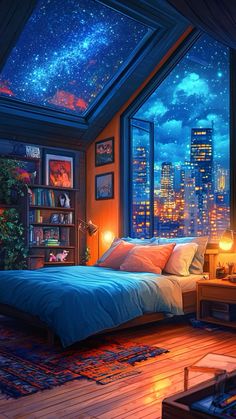 a bedroom with a view of the city at night and stars in the sky above