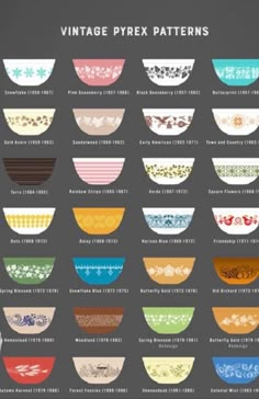 vintage pyrx patterns for mixing bowls are shown in different colors and sizes, with the