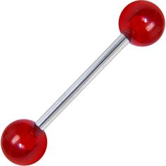 two red balls are attached to a metal bar