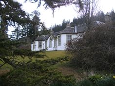 a white house sitting on the side of a lush green hillside next to tall trees