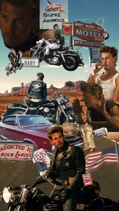 a man sitting on a motorcycle in the middle of a road with many different pictures around him