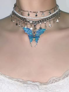 Butterfly Pendant Pearl Layered Choker Necklace | Jewelry | Three Fleas Forest Butterfly, Kalung Choker, Ethereal Jewelry, Layered Choker Necklace, Layered Chokers, Fluttershy, Butterfly Pendant, Dainty Jewelry, Y2k Style