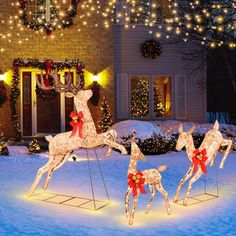 three lighted reindeer statues in front of a house