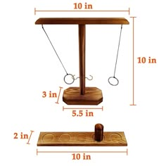 a wooden table with two hooks on it and measurements for the height of the table