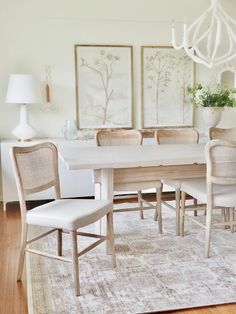 a dining room table with chairs and a rug