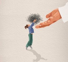 a drawing of a woman reaching for a man's hand with hair on it